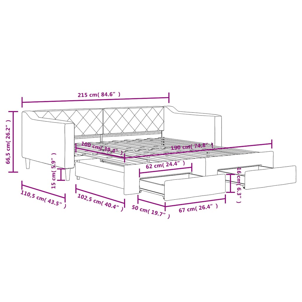 Slaapbank met onderschuifbed lades 100x190 cm stof lichtgrijs