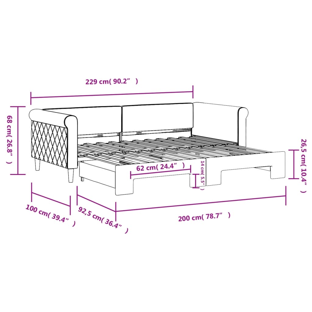 Slaapbank met onderschuifbed 90x200 cm fluweel lichtgrijs