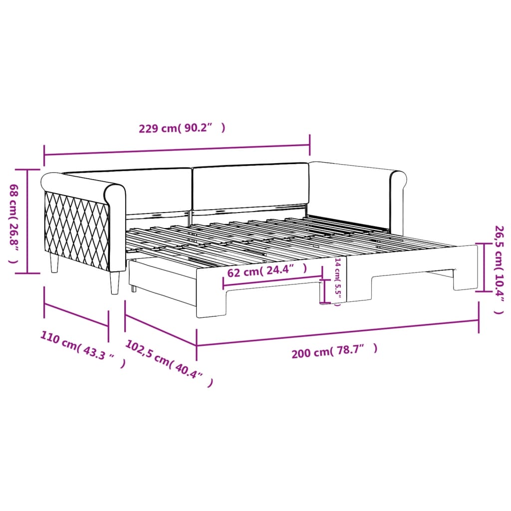 Slaapbank met onderschuifbed 100x200 cm fluweel geel