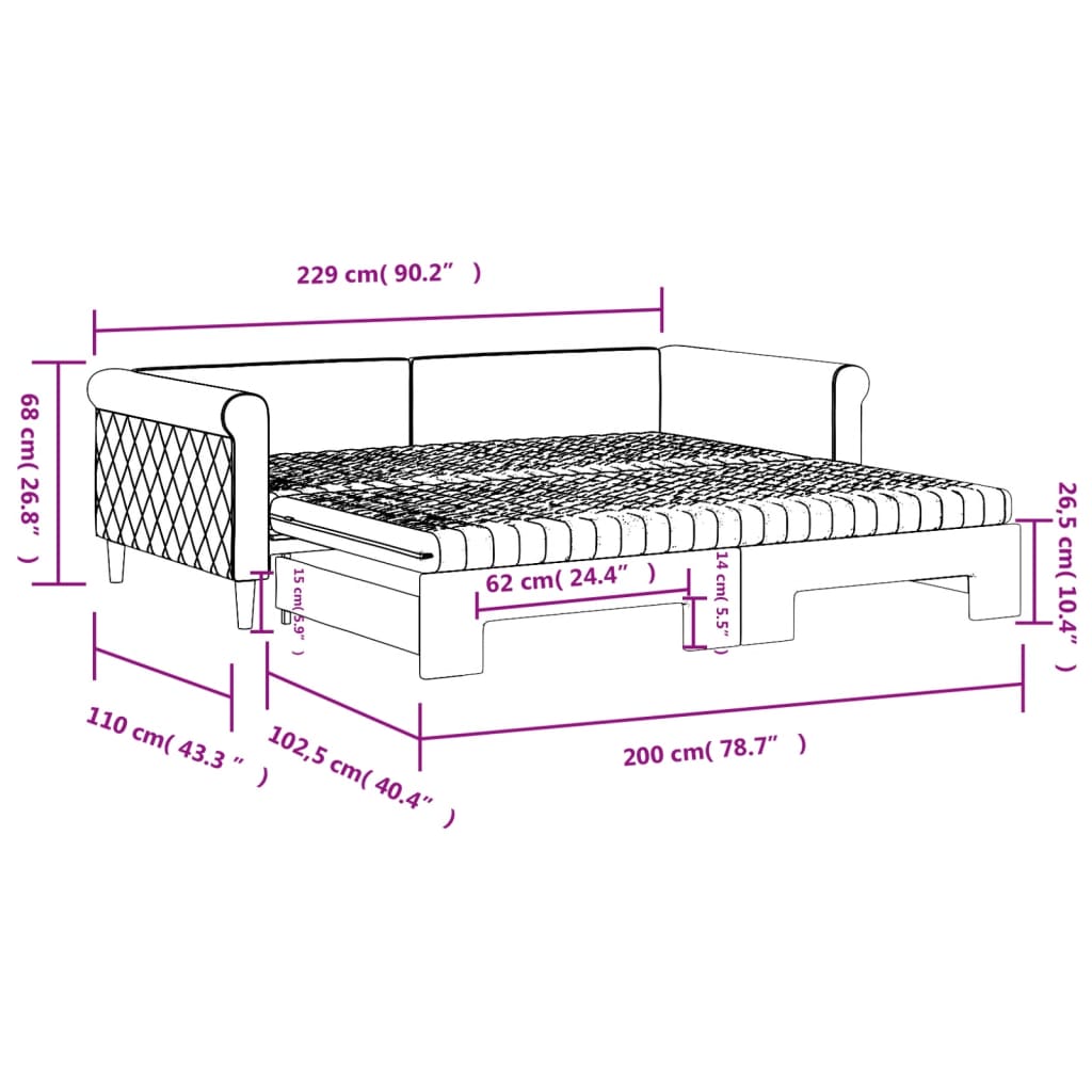 Slaapbank onderschuifbed en matrassen 100x200 cm fluweel roze