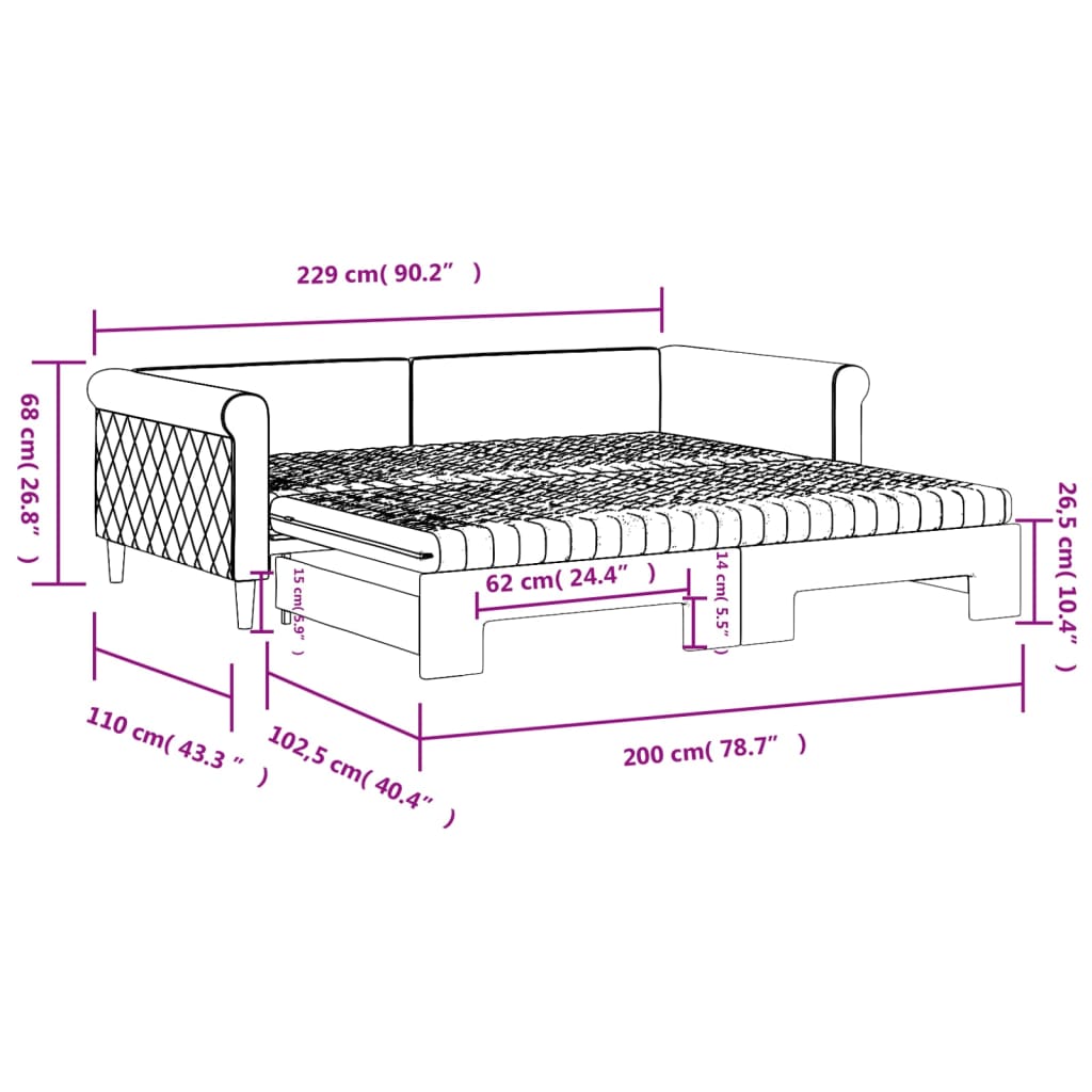 Slaapbank Onderschuifbed En Matrassen Fluweel 100 x 200 cm Zwart met onderschuifbed en matras