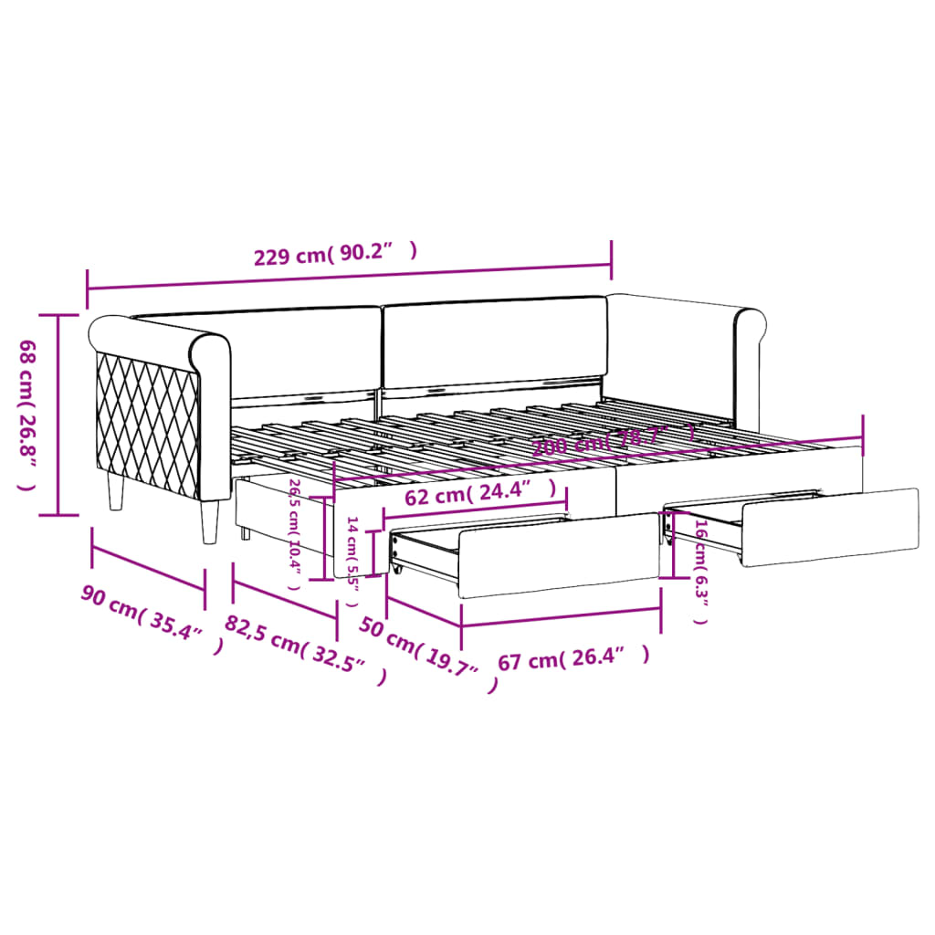 Slaapbank Onderschuifbed En Lades Fluweel Donkergroen 80 x 200 cm met onderschuifbed en lade