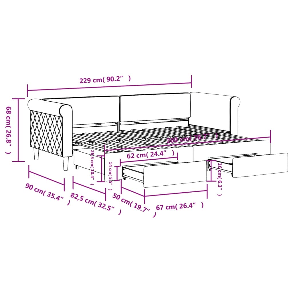 Slaapbank met onderschuifbed en lades 80x200 cm fluweel roze