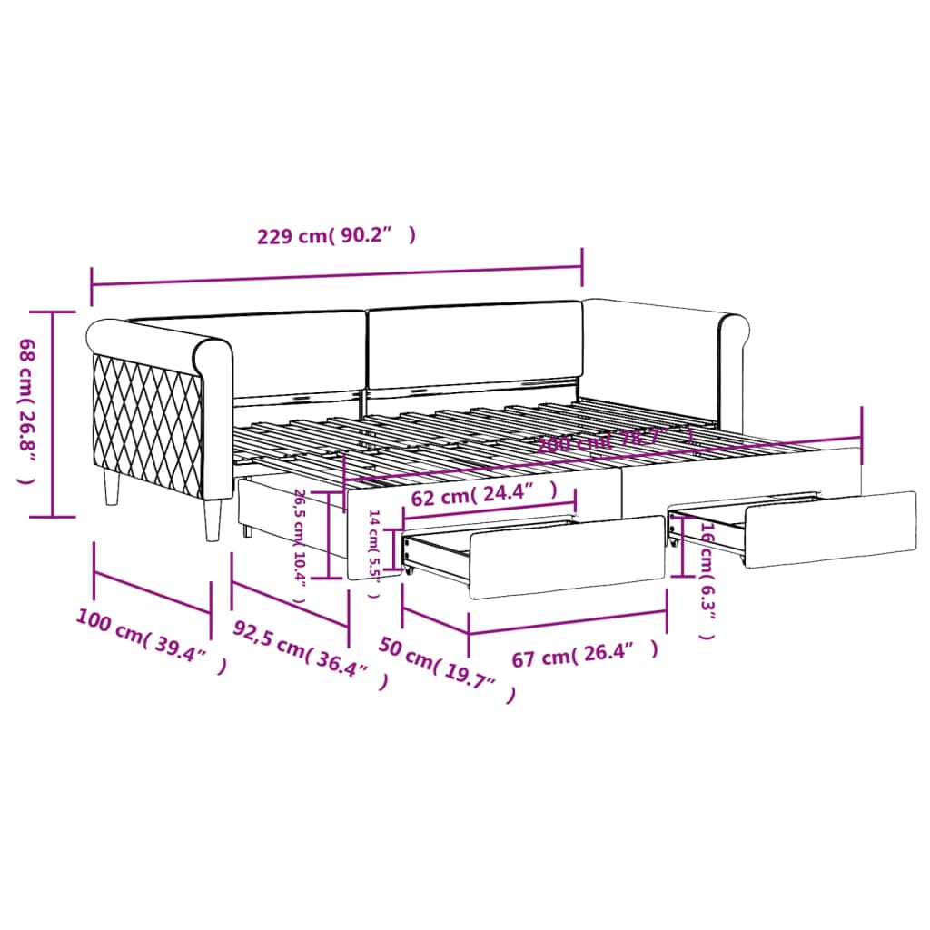 Slaapbank onderschuifbed en lades 90x200 cm fluweel donkergroen