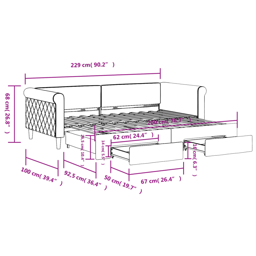 Slaapbank met onderschuifbed en lades 90x200 cm fluweel roze