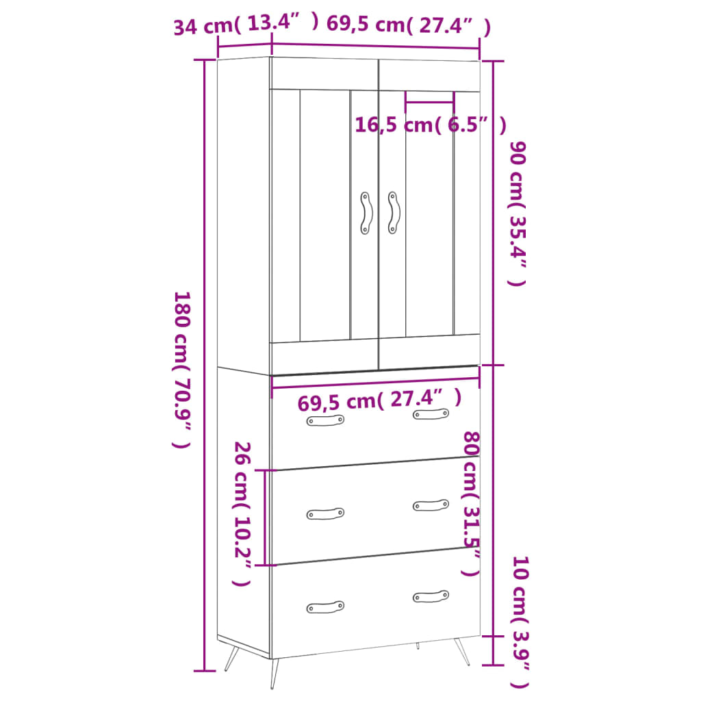 Hoge kast 69,5x34x180 cm bewerkt hout gerookt eikenkleurig