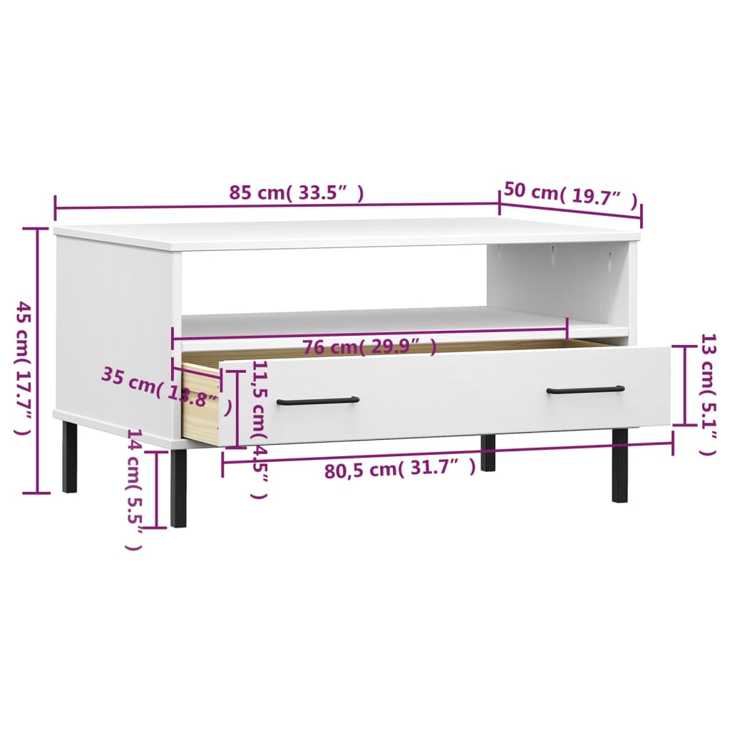 Salontafel Met Metalen Poten Oslo 85X50X45 Cm Masssief Hout Wit