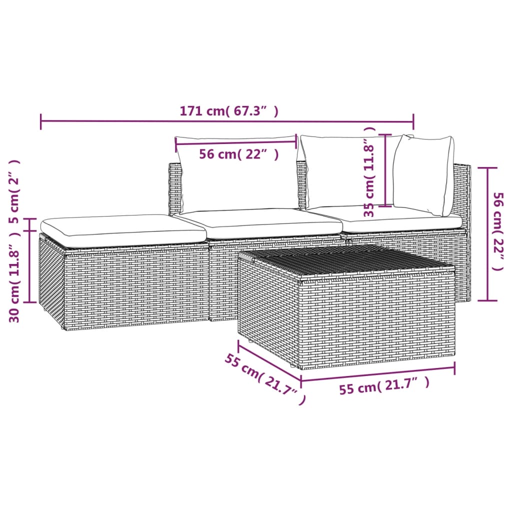 4-delige Loungeset met kussens poly rattan grijs 1