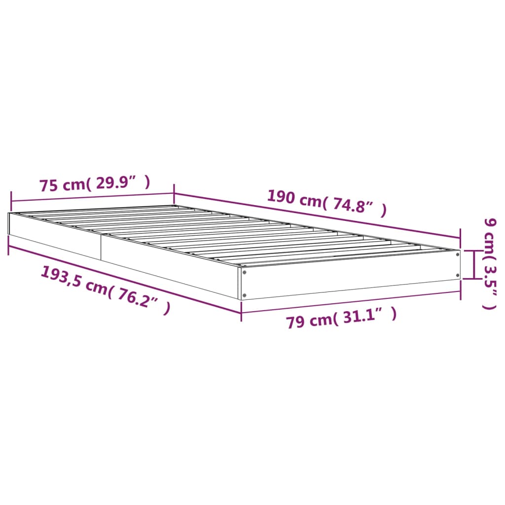 Bedframe Massief Grenenhout 75 x 190 cm Zwart
