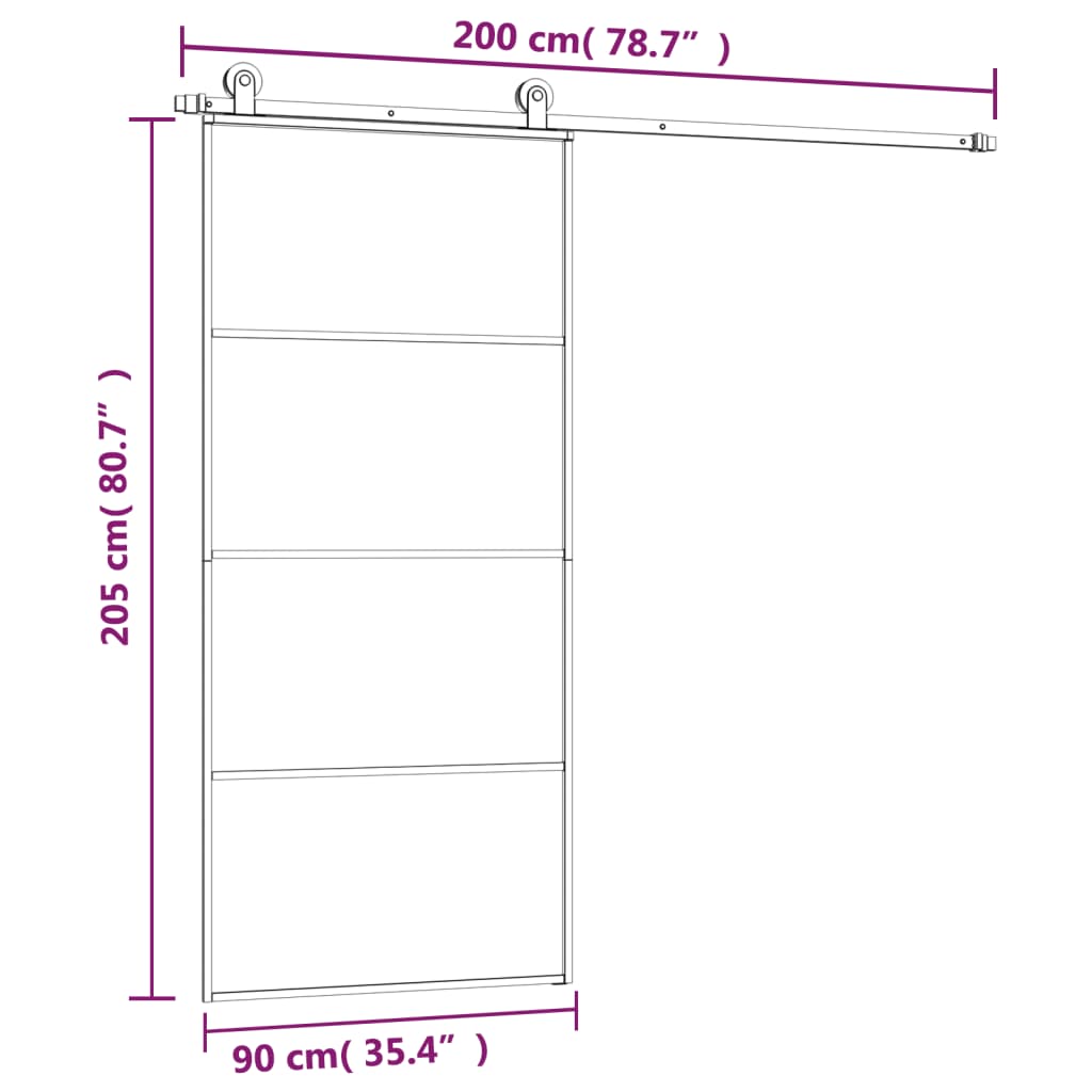 Schuifdeur Met Beslag Esg-Glas En Aluminium 90 x 205 cm 3 horizontale stangen