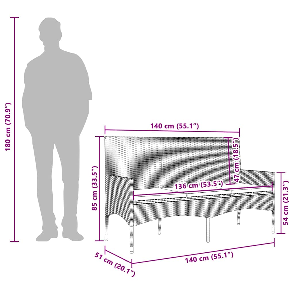Tuinbank 3-Zits Met Kussens Poly Rattan Zwart