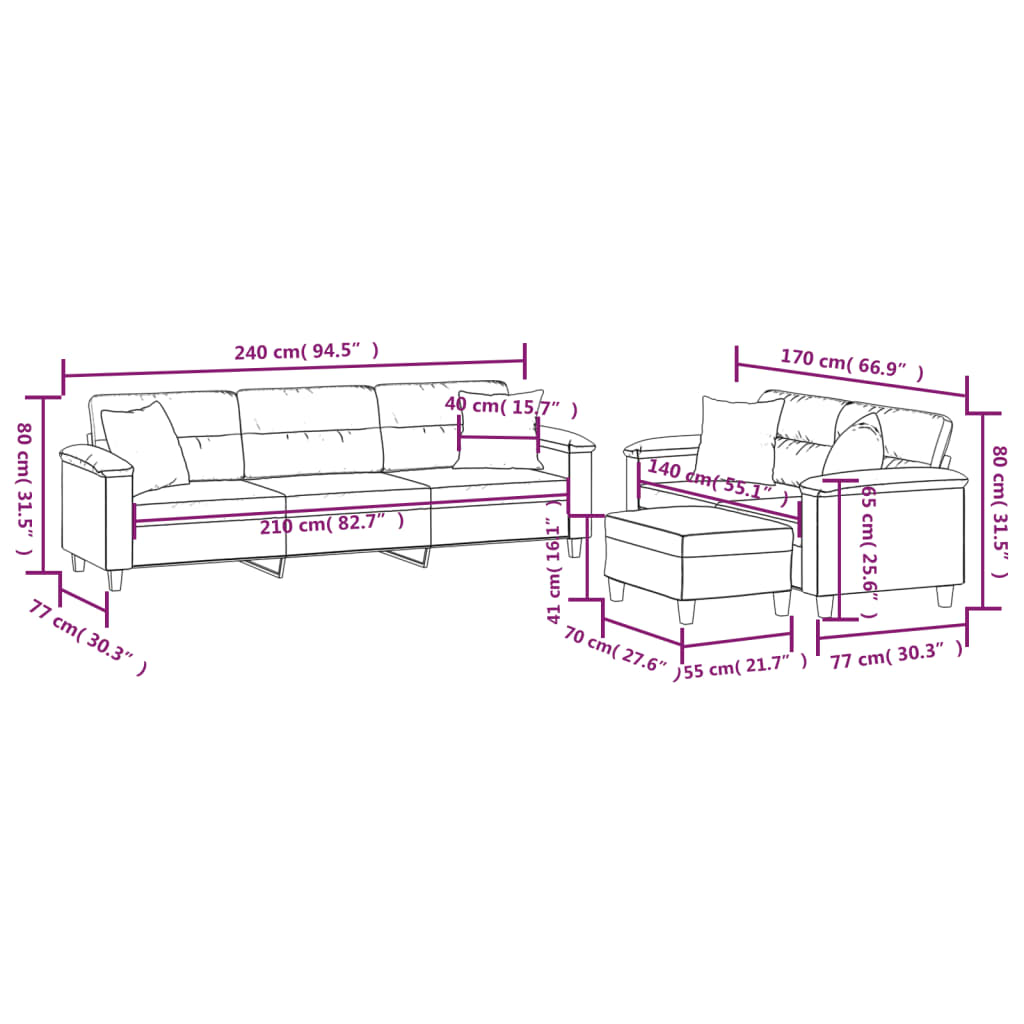 3-delige Loungeset met kussens microvezelstof donkergrijs