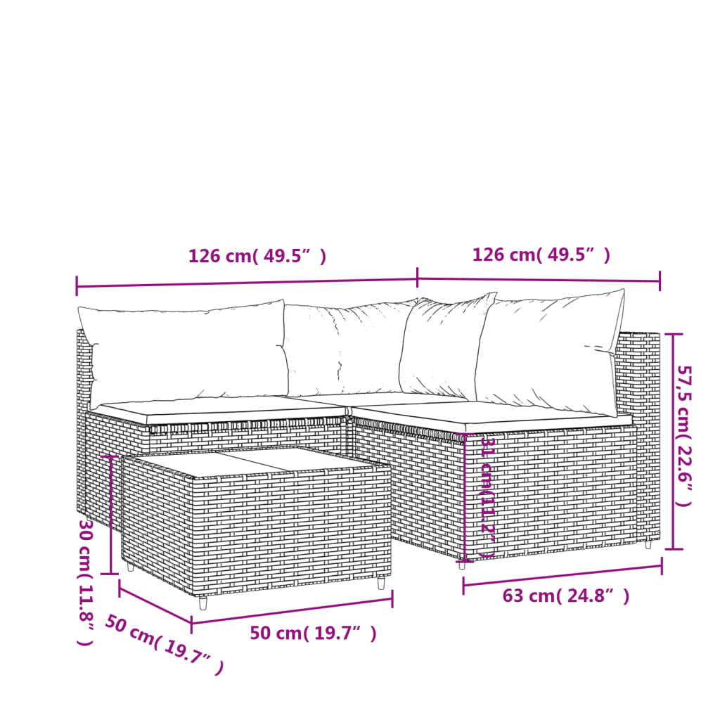4-Delige Loungeset Met Kussens Poly Rattan Grijs hoek + 2x midden + Tafel