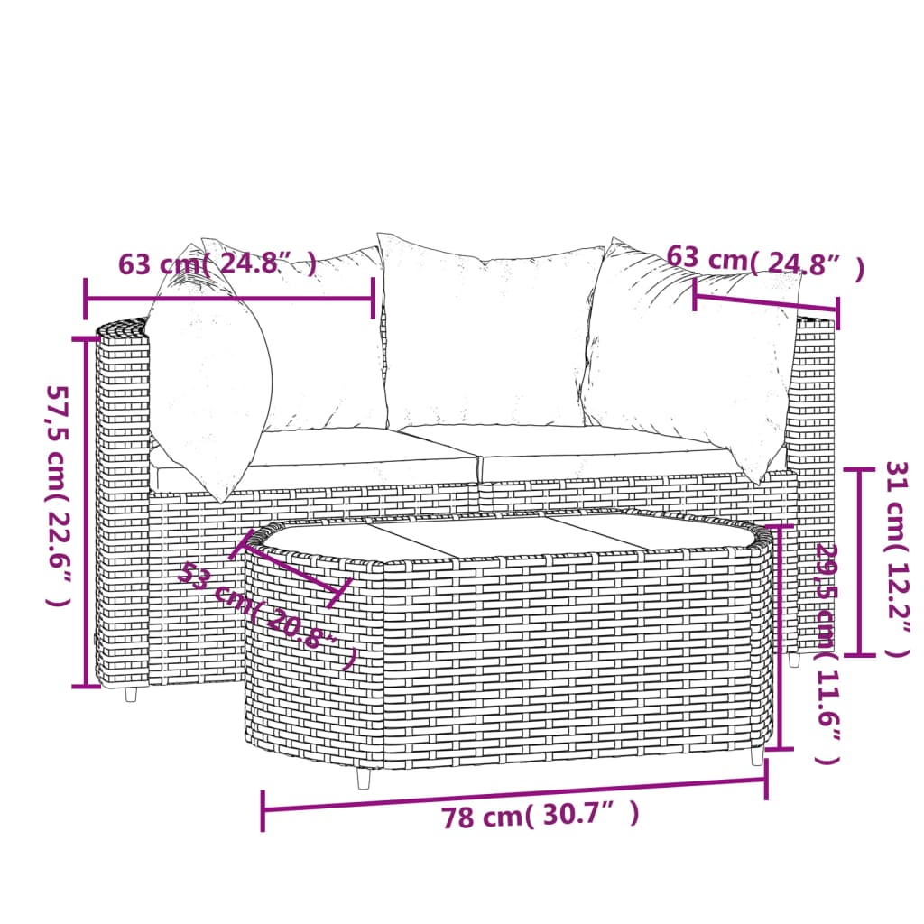 3-Delige Loungeset Met Kussens Poly Rattan Bruin en rood 2x hoek + Tafel