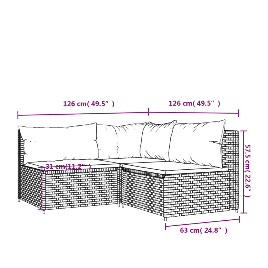 3-Delige Loungeset Met Kussens Poly Rattan Bruin en groen hoek + 2x midden