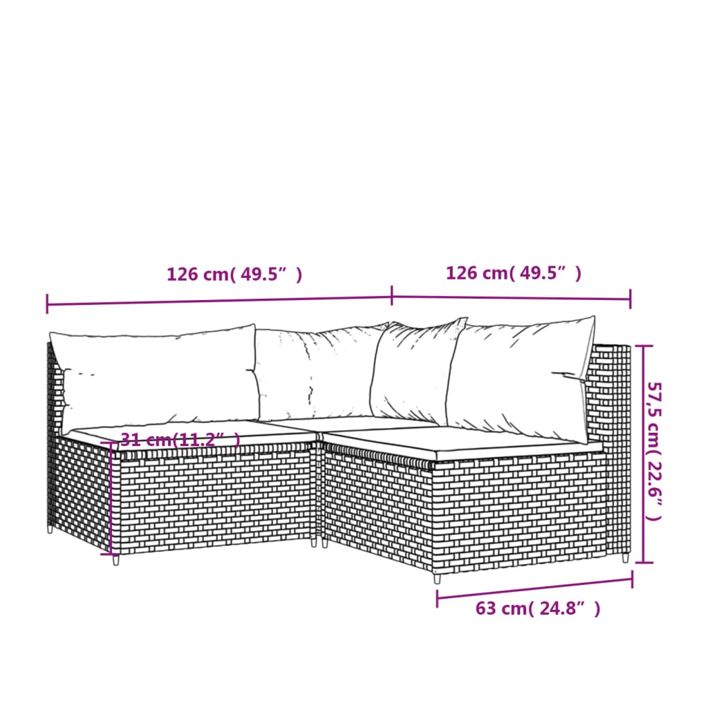 3-Delige Loungeset Met Kussens Poly Rattan Grijs en blauw hoek + 2x midden