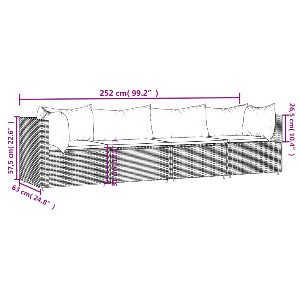 4-Delige Loungeset Met Kussens Poly Rattan Grijs en blauw 2x hoek + 2x midden