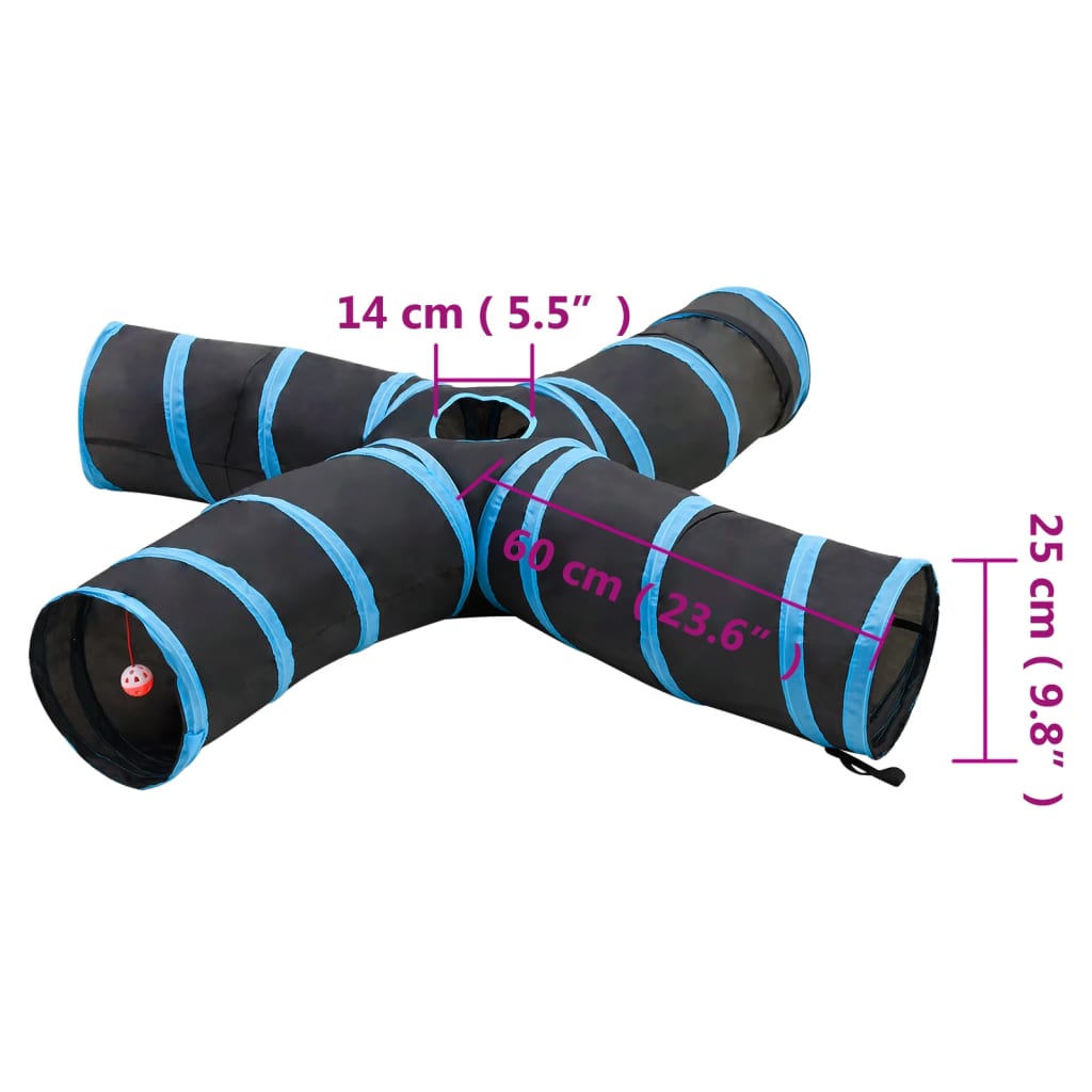 Kattentunnel 4-voudig 25 cm polyester zwart en blauw
