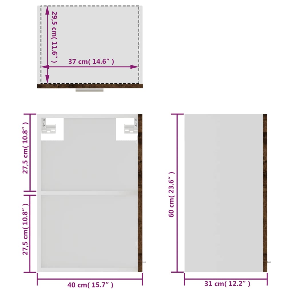 Wandkast 40x31x60 cm glas en bewerkt hout gerookt eikenkleurig Gerookt eiken