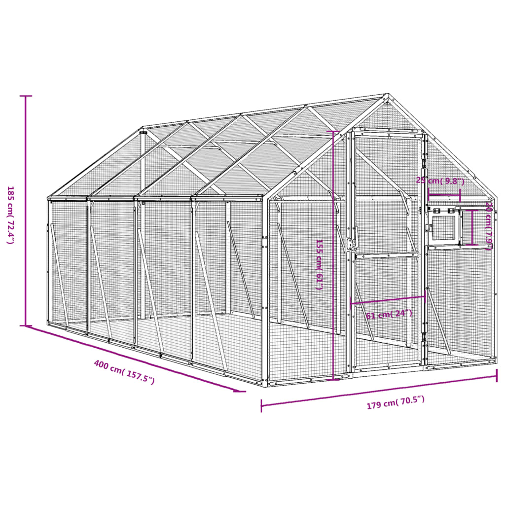 Volière 1,79x4x1,85 m aluminium zilverkleurig 1.79 x 4 x 1.85 m Zilver