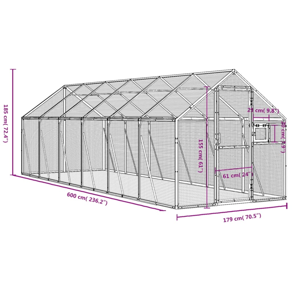 Volière 1,79x6x1,85 m aluminium zilverkleurig 1.79 x 6 x 1.85 m Zilver