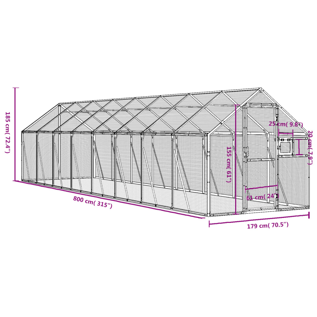 Volière 1,79x8x1,85 m aluminium zilverkleurig 1.79 x 8 x 1.85 m Zilver