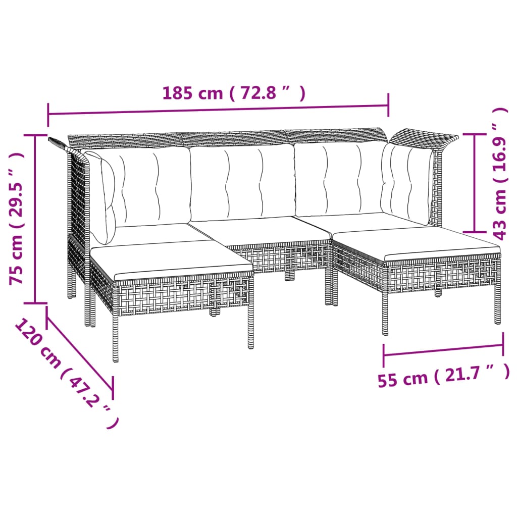 5-Delige Loungeset Met Kussens Poly Rattan Grijs 2x hoek + midden + 2x voetensteun