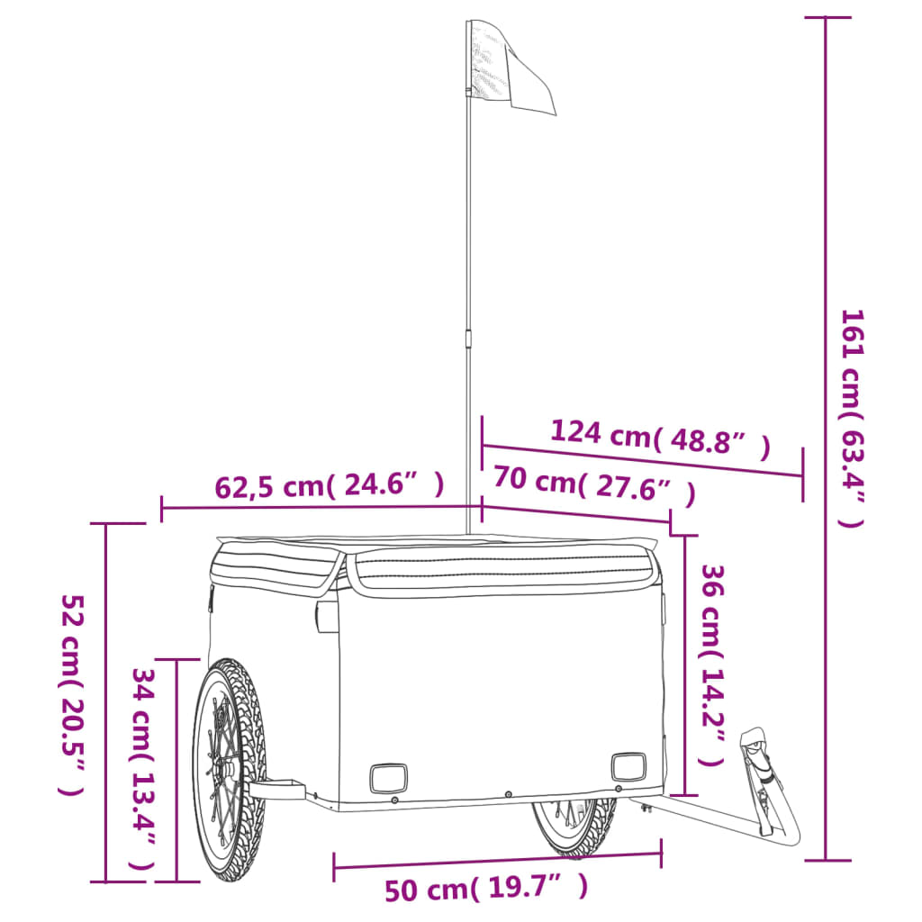 Fietstrailer 45 kg ijzer zwart 124 x 62.5 x 52 cm Zwart
