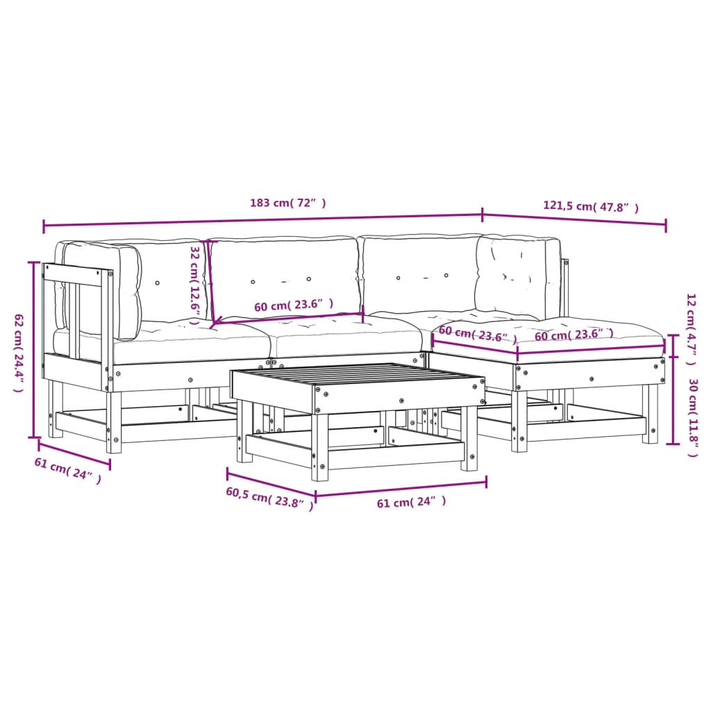 -Delige Loungeset Met Kussens Massief Douglashout Natuurlijk douglashout