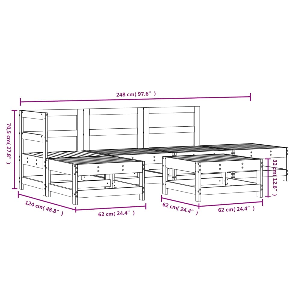6-delige Loungeset massief grenenhout wit Wit grenenhout