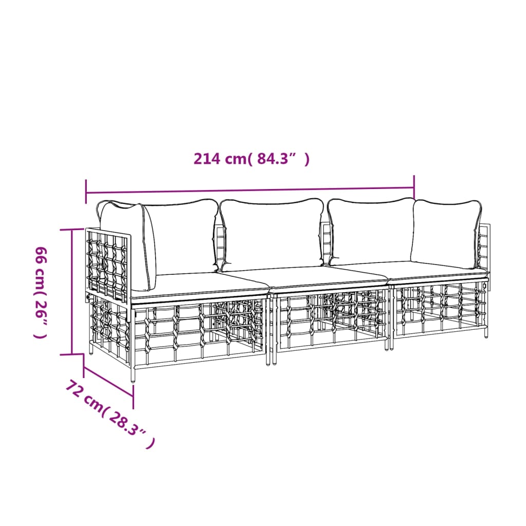 3-Delige Loungeset Met Kussens Poly Rattan Antracietkleurig Beige 2x hoek + midden