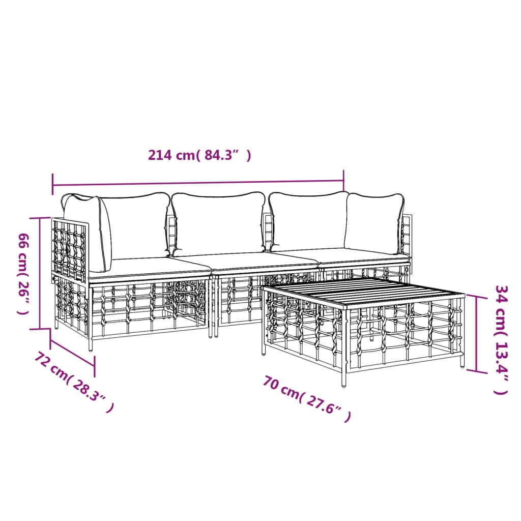 4-Delige Loungeset Met Kussens Poly Rattan Antracietkleurig Beige 2x hoek + midden + Tafel