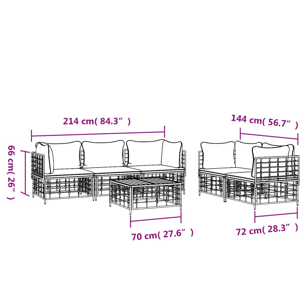 6-Delige Loungeset Met Kussens Poly Rattan Antracietkleurig Beige 4x hoek + midden + Tafel