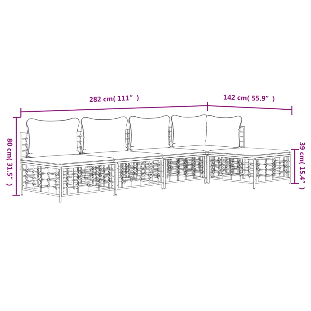 5-Delige Loungeset Met Kussens Poly Rattan Antracietkleurig Donkergrijs hoek + 3x midden + voetensteun