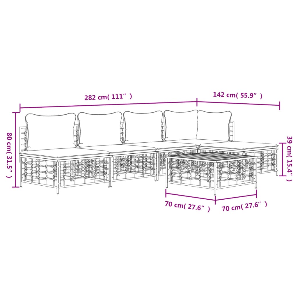 6-Delige Loungeset Met Kussens Poly Rattan Antracietkleurig Donkergrijs hoek + 3x midden + voetensteun + Tafel