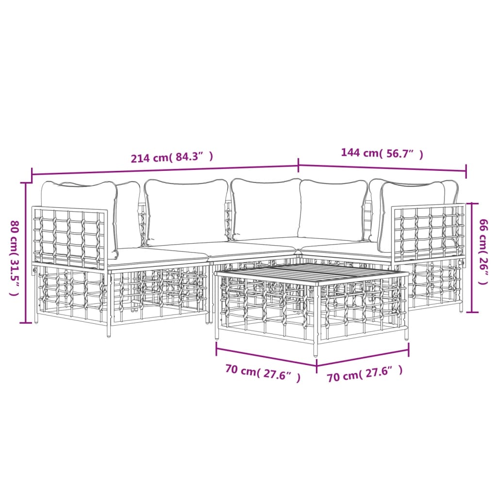 5-Delige Loungeset Met Kussens Poly Rattan Antracietkleurig Beige 3x hoek + midden + Tafel