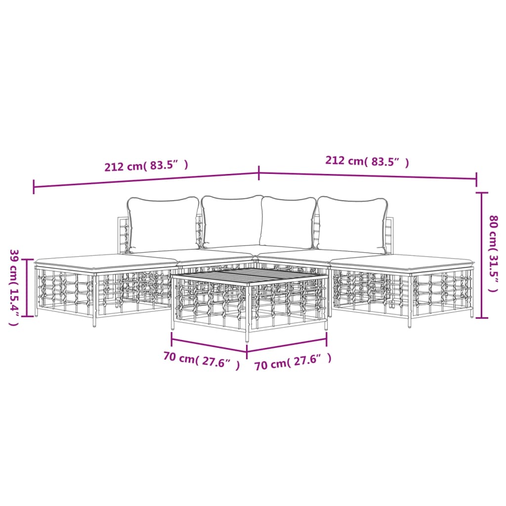 6-Delige Loungeset Met Kussens Poly Rattan Antracietkleurig Donkergrijs hoek + 2x midden + 2x voetensteun + Tafel