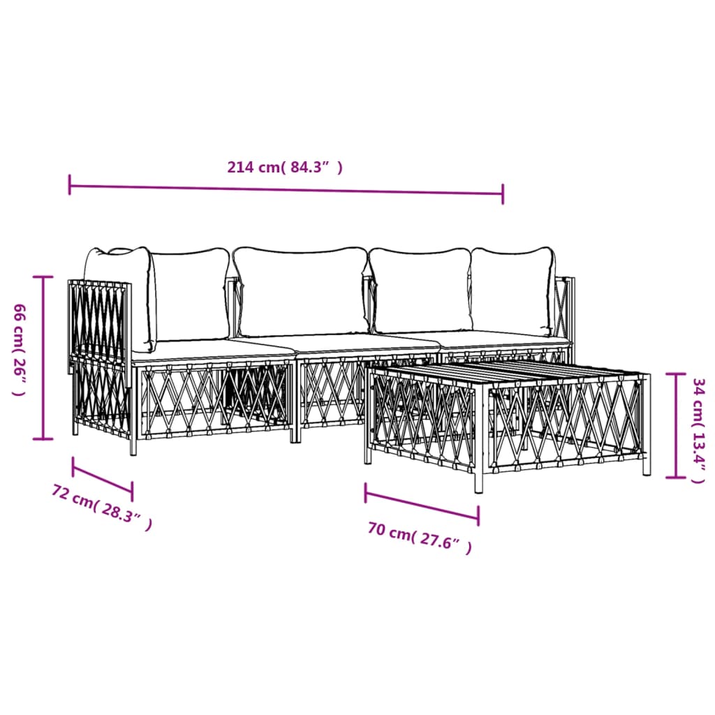 4-Delige Loungeset Met Kussens Staal Wit 2x hoek + midden + Tafel