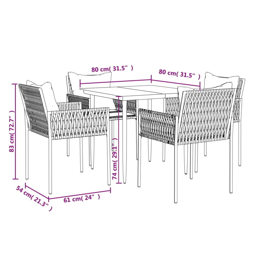 -Delige Tuinset Met Kussens Poly Rattan En Staal 5 80 cm tafellengte Zwart
