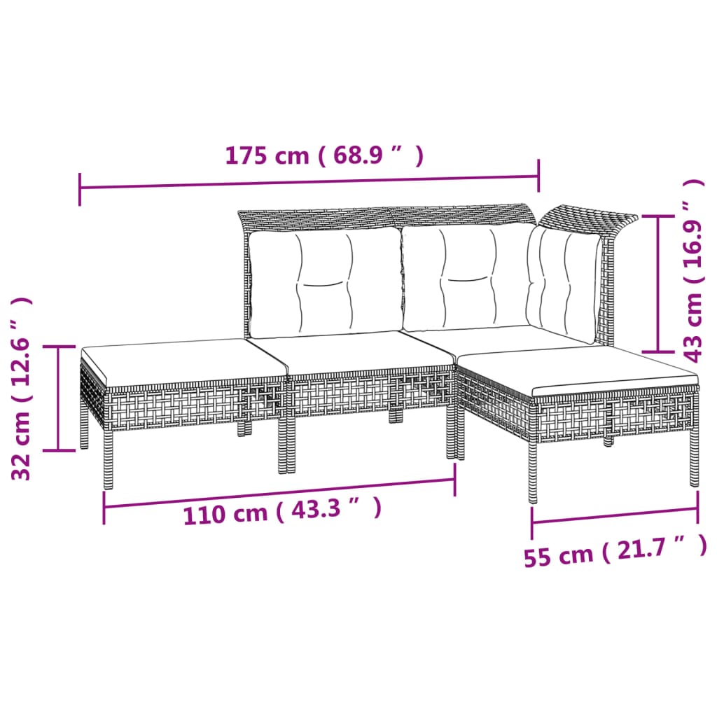 7-Delige Loungeset Met Kussens Poly Rattan Grijs 2x hoek + 2x midden + 3x voetensteun