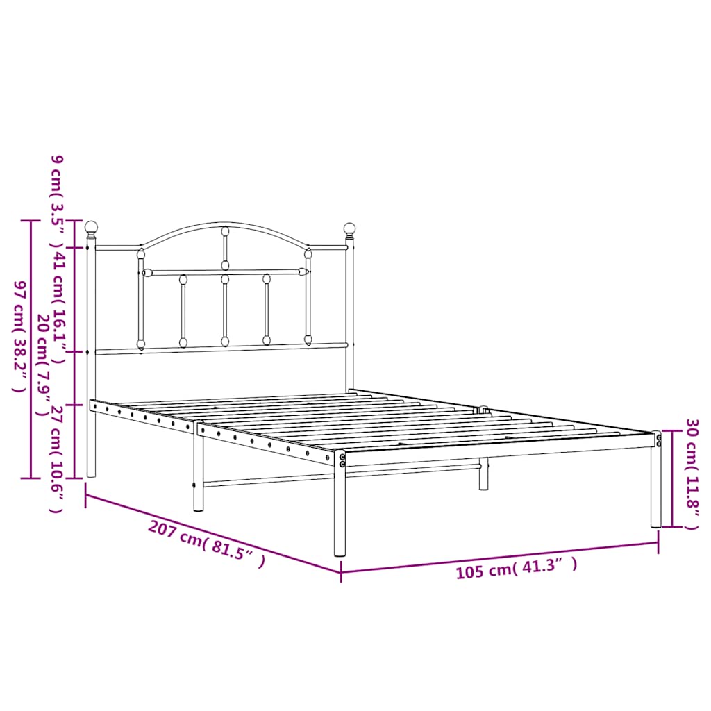 Bedframe met hoofdbord metaal zwart 100x200 cm