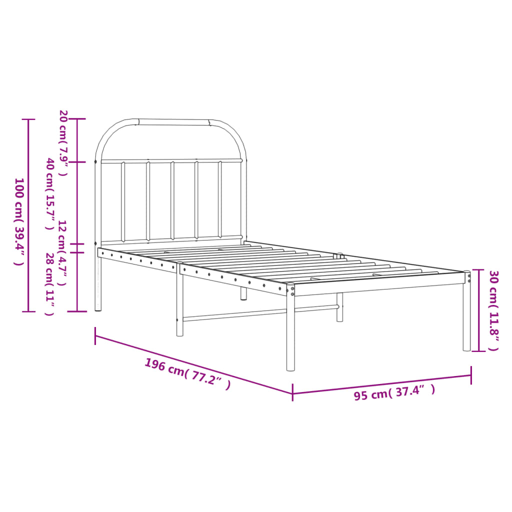 Bedframe Metaal 90 x 190 cm Zwart met hoofdbord