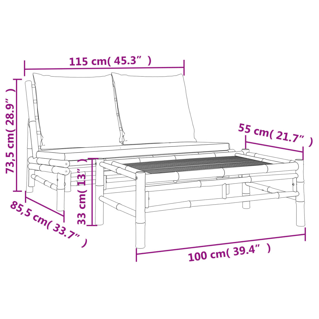 2-Delige Loungeset Met Kussens Bamboe Wit crème Bank + Tafel