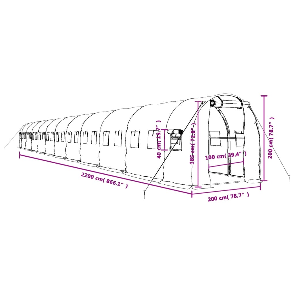 Tuinkas Met Stalen Frame 44 M² 22 x 2 x 2 m Groen