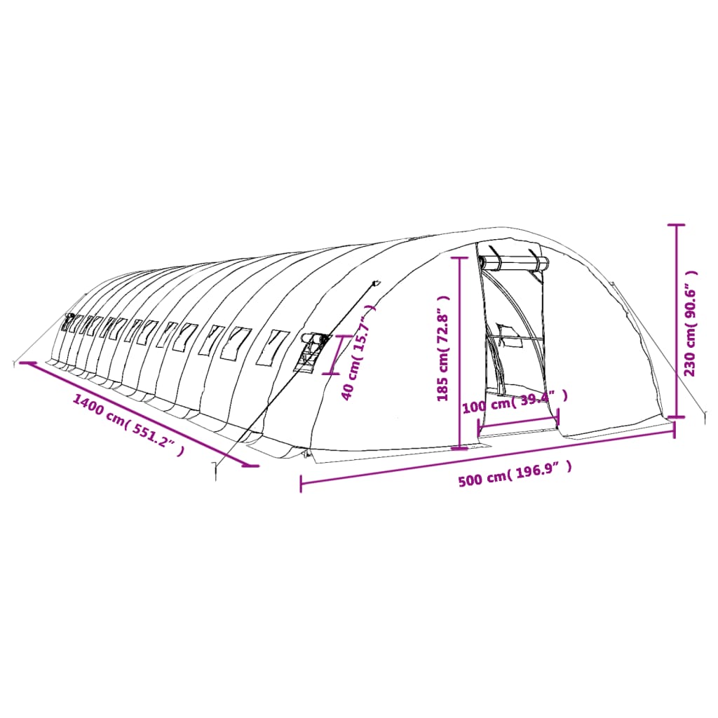 Tuinkas Met Stalen Frame 70 M² 4X5X2,3 M 14 x 5 x 2.3 m Groen