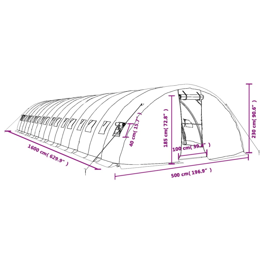 Tuinkas Met Stalen Frame 80 M² 6X5X2,3 M 16 x 5 x 2.3 m Groen