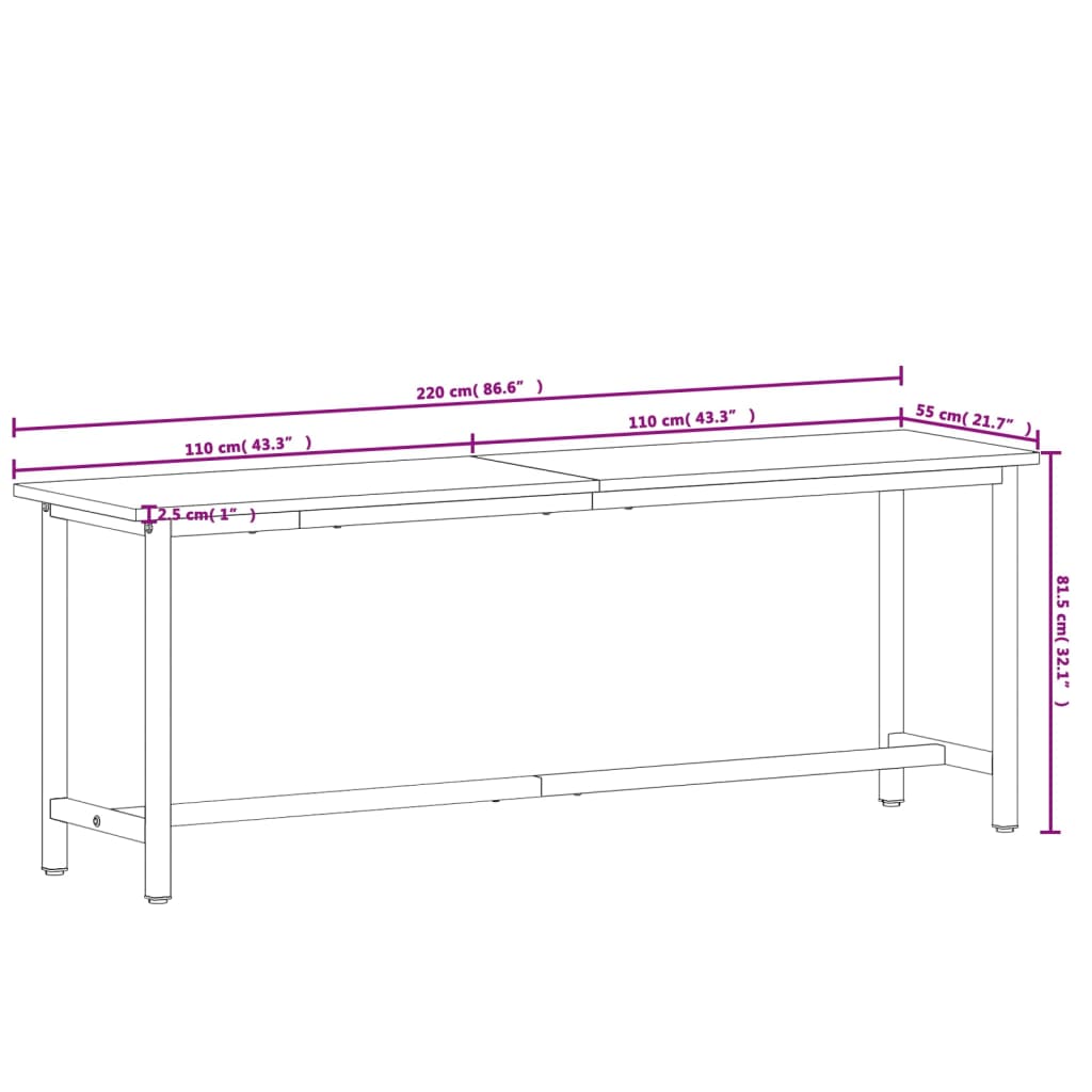 Werkbank 220x55x81,5 cm massief beukenhout en metaal 220 x 55 x 81.5 cm