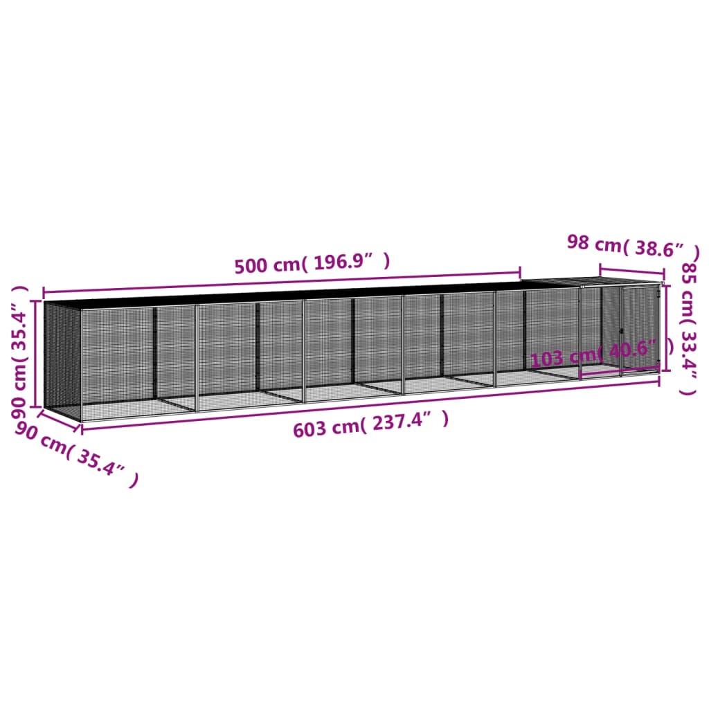 Kippenhok met dak 603x98x90 cm gegalvaniseerd staal lichtgrijs 603 x 98 x 90 cm Lichtgrijs