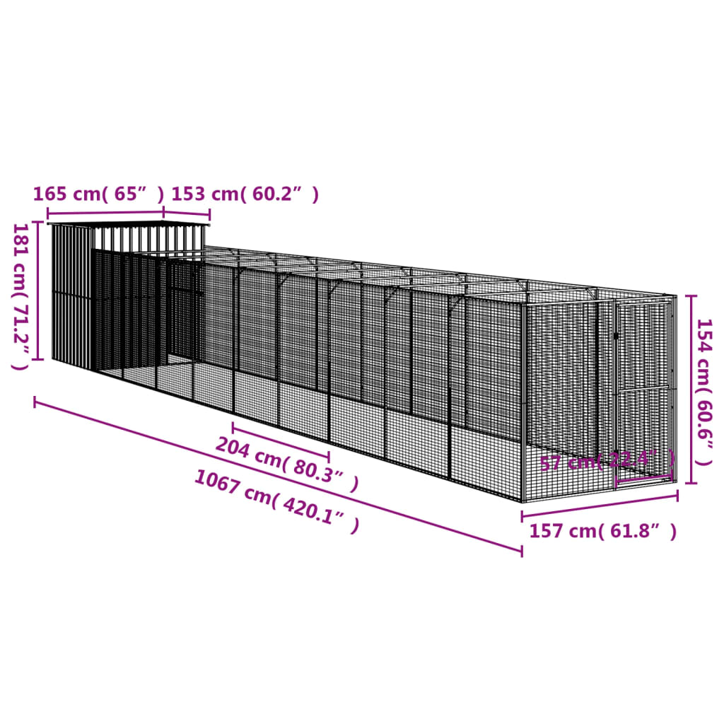 Hondenhok met ren 165x1067x181 cm staal antraciet 165 x 1067 x 181 cm Antraciet