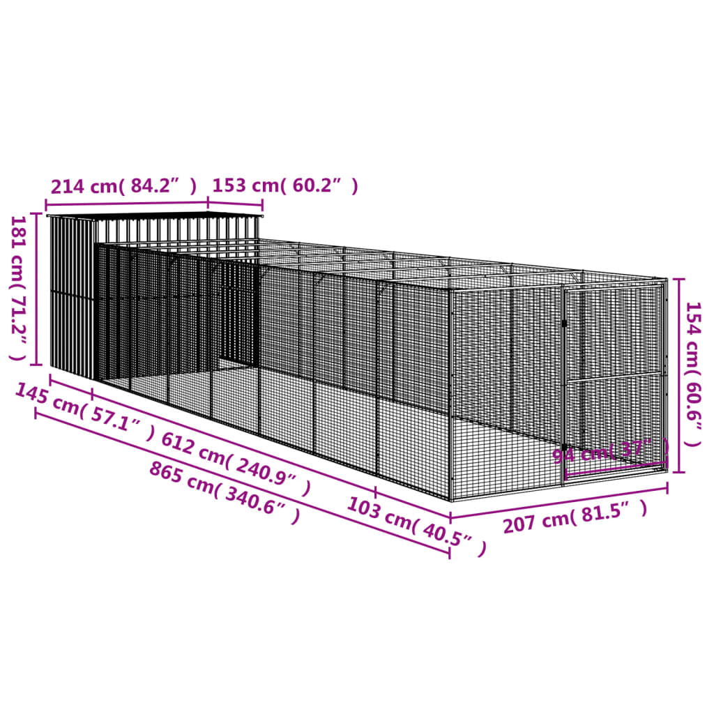 Hondenhok met ren 214x865x181 cm gegalvaniseerd staal antraciet 214 x 865 x 181 cm Antraciet